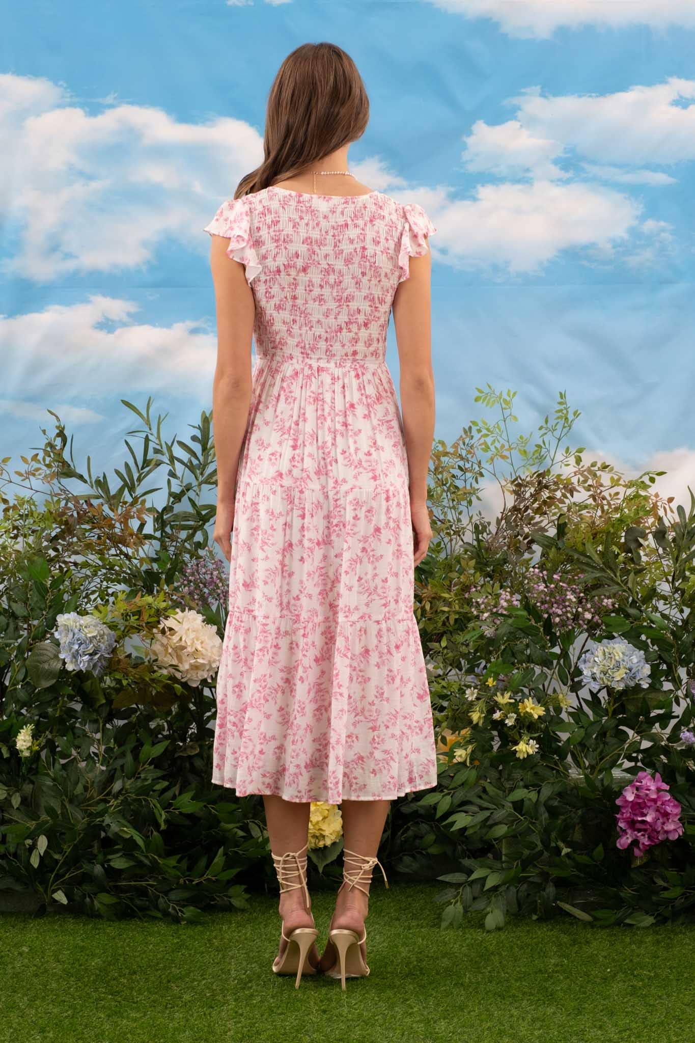 PINK V-NECK SMOCKED MIDI DRESS