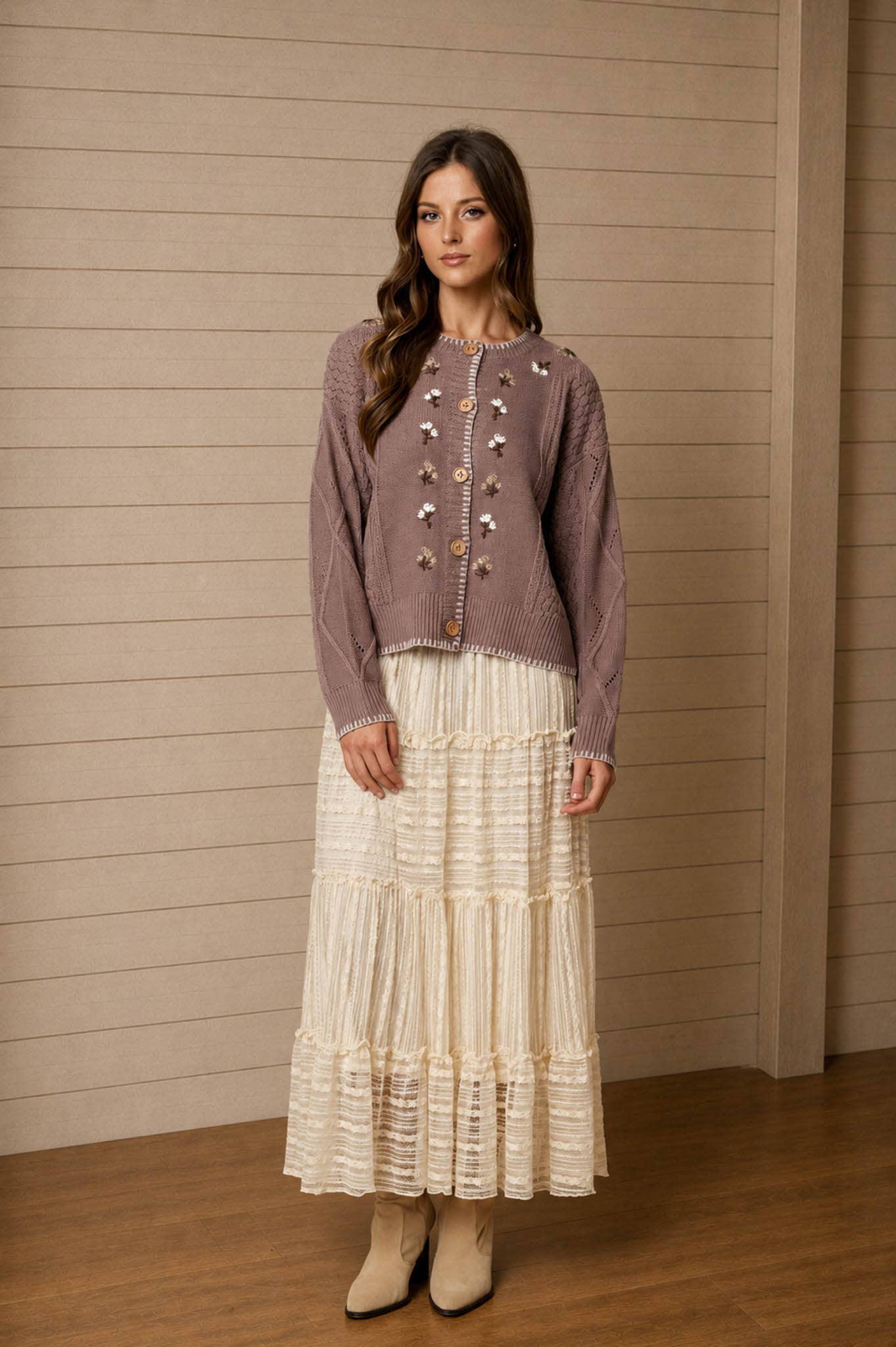 Taupe Floral Embroidery Constrast Stitch Cardigan