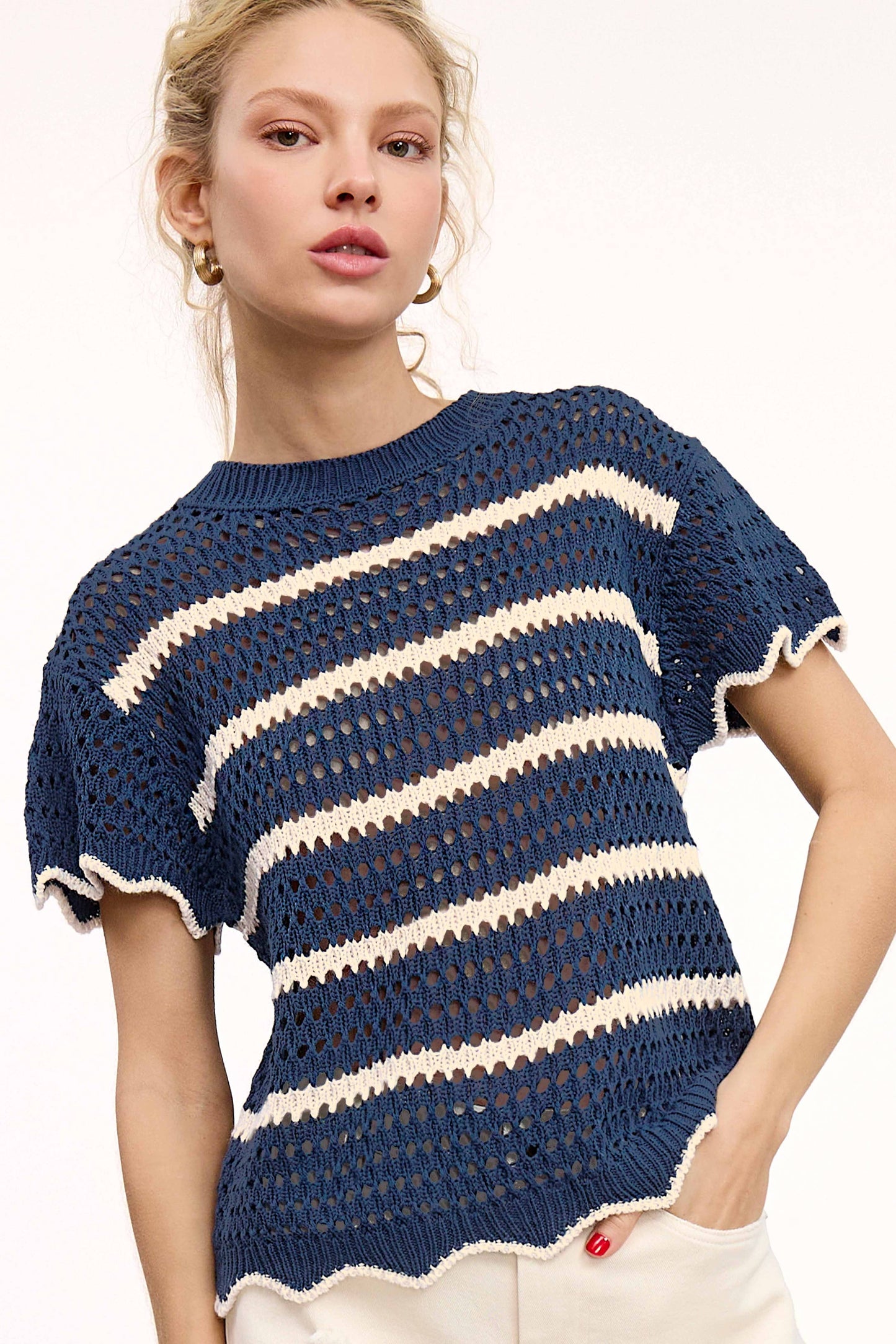 Navy Scalloped Edge Short Sleeve Sweater
