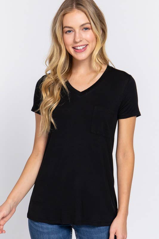 Black Short Sleeve V-neck Top with Pocket