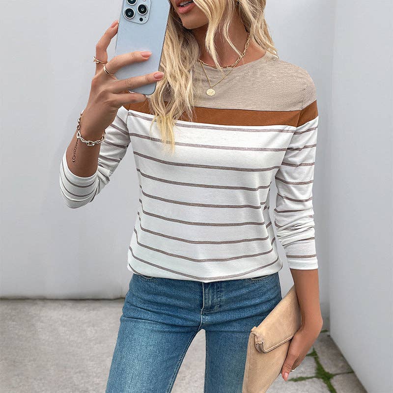 Khaki Colorblock Striped Long Sleeve Top