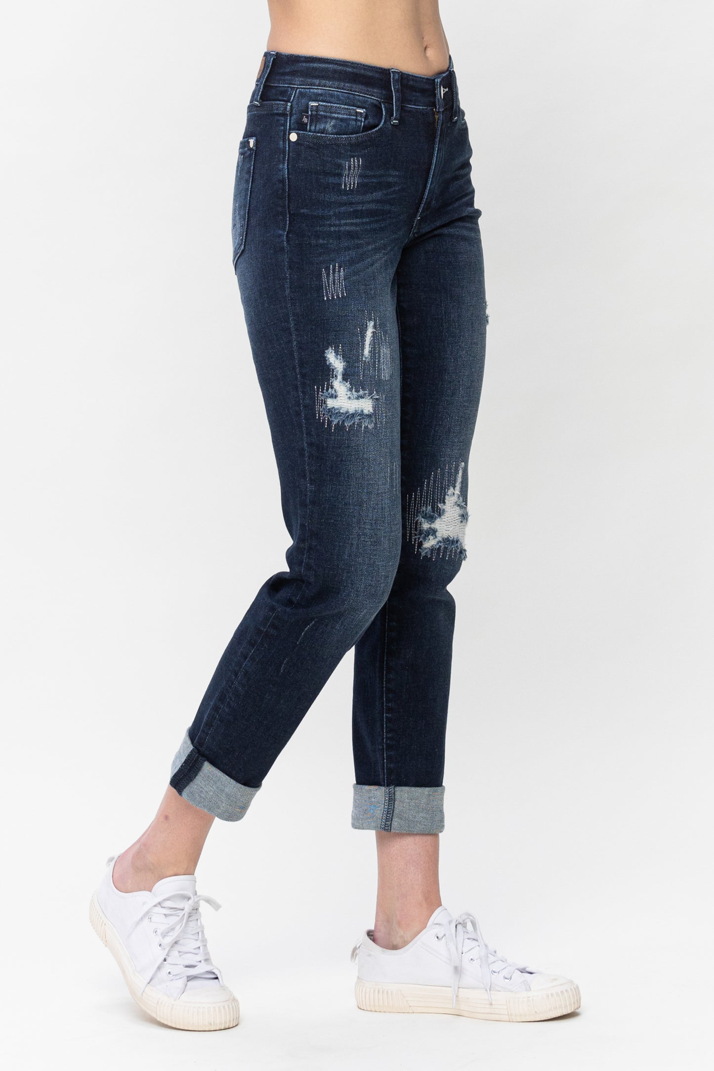 Judy Blue - Mid Rise Distressed Cuffed Boyfriend Jeans