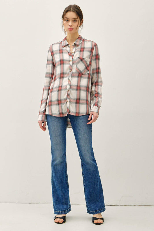 VINTAGE RED PLAID LONG SLEEVE BUTTON UP SHIRT