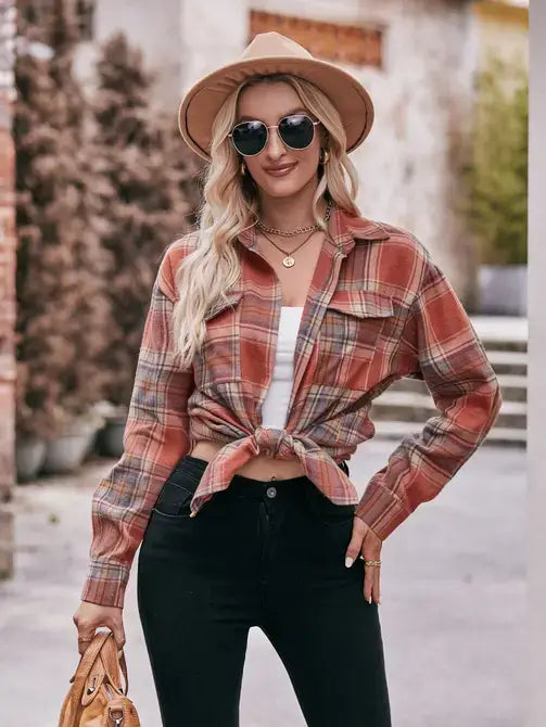 Coffee Oversized Loose Plaid Button Down
