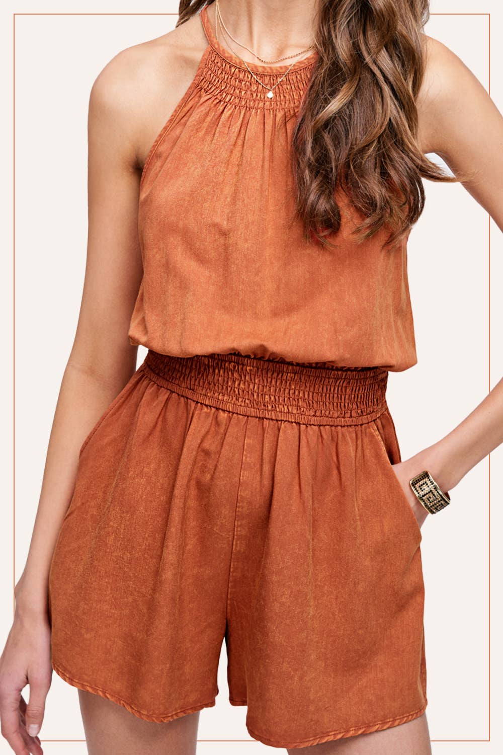 Ginger Mineral Washed Sleeveless Romper with Pockets