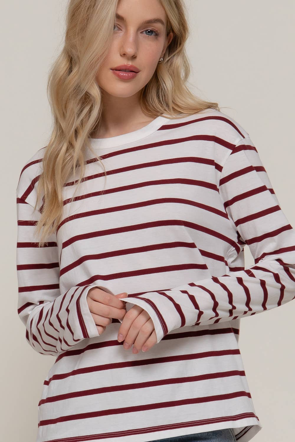 Wine + Ivory Striped Long Sleeve Tee