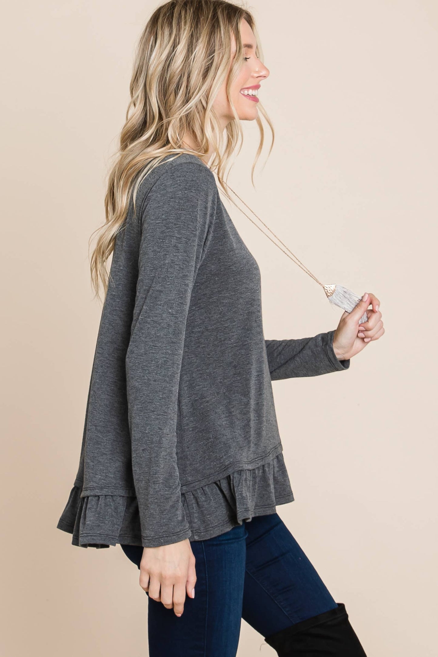 Charcoal Long Sleeve Top with Ruffle Hem Trim