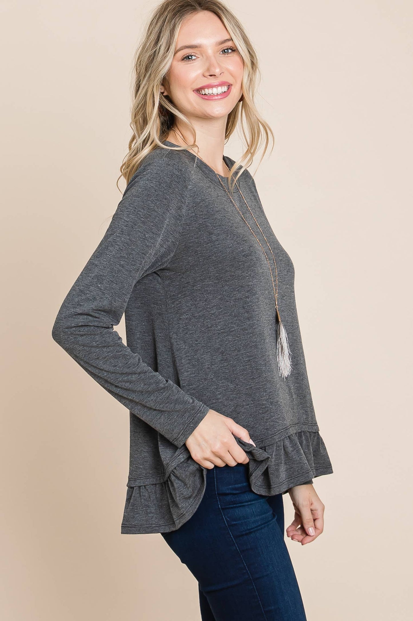 Charcoal Long Sleeve Top with Ruffle Hem Trim