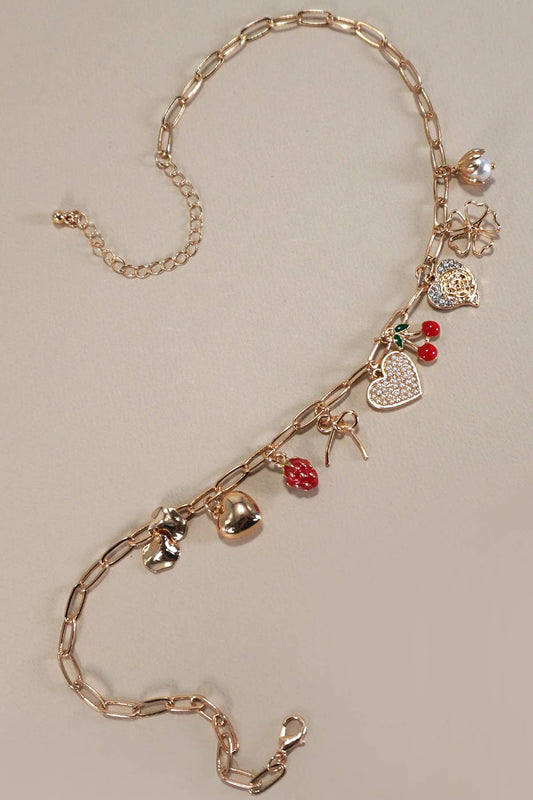 Bow Heart Cherry Charm Necklace