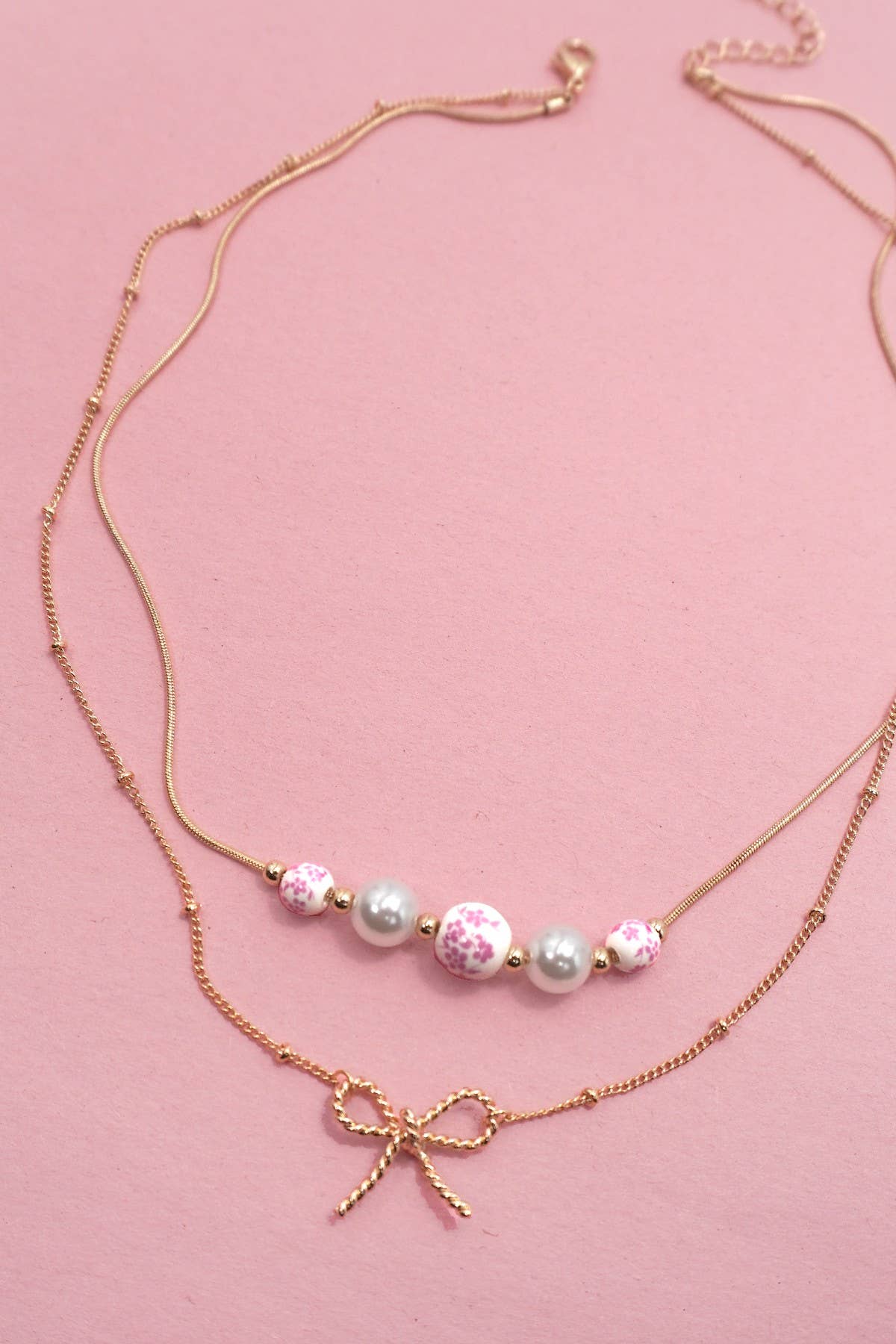 Pink Pearl + Porcelain Layered Bow Necklace