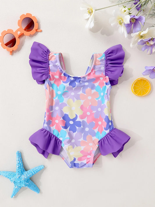 Flower Power Purple Ruffle Trim Swimsuit