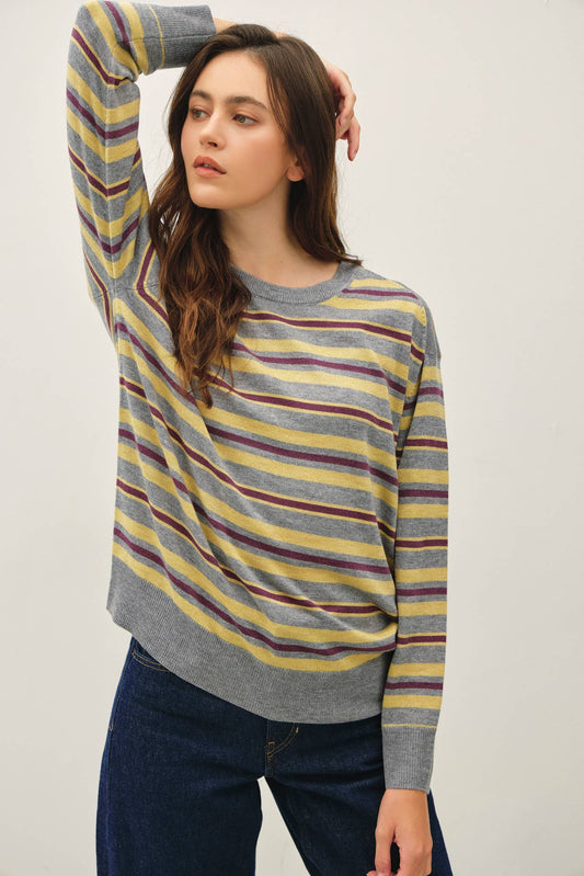 HEATHER GREY LIGHT WEIGHT STRIPED SWEATER