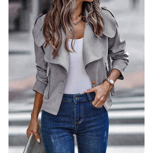 Grey Button Front Open Pockets Jacket