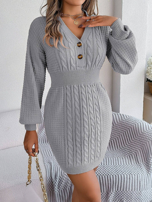 V-Neck Button Down Cable Knit Sweater Dress