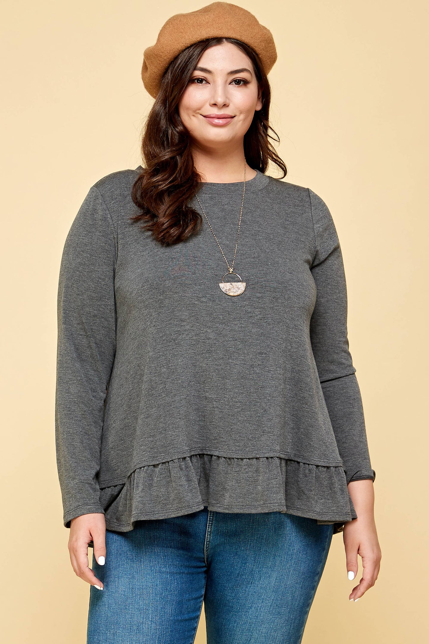 Charcoal Long Sleeve Top with Ruffle Hem Trim