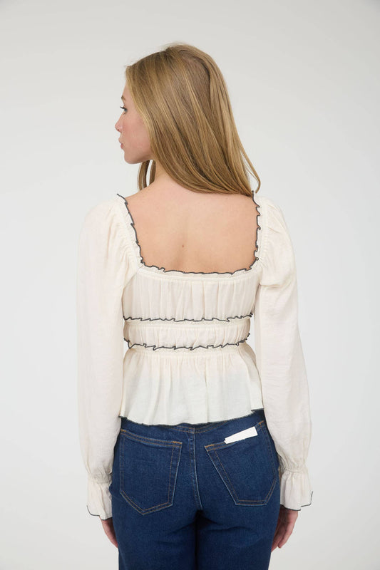 Ivory Contrast Bow Long Sleeve Blouse