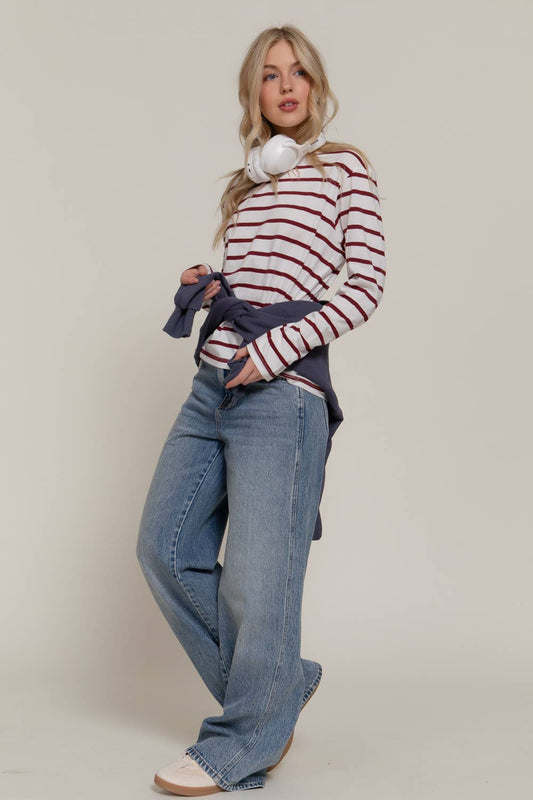 Wine + Ivory Striped Long Sleeve Tee