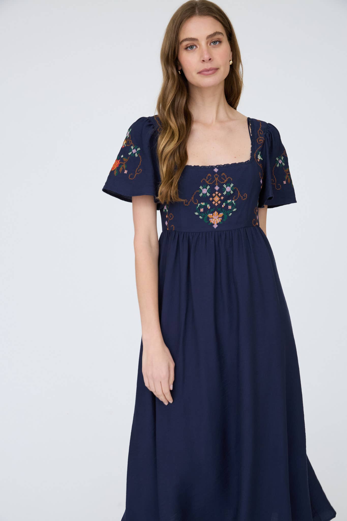 Chocolate Brown Embroidered Bell Sleeve Midi Dress