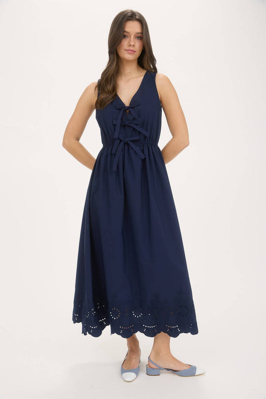 Navy Front Bow Tie Eyelet Hem Dress