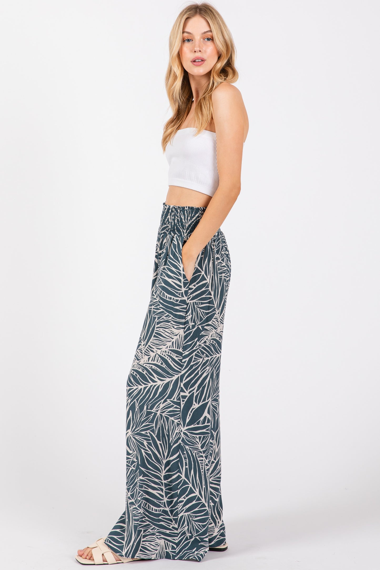 Vintage Denim Print Wide Leg Pants