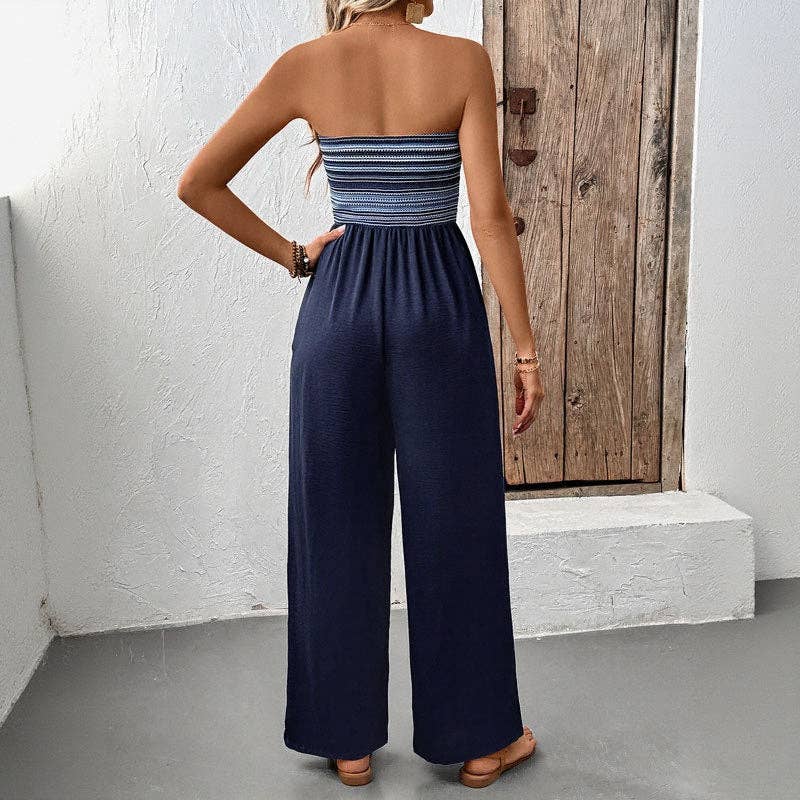 Navy Elastic Waist Tube Top Jumpsuit