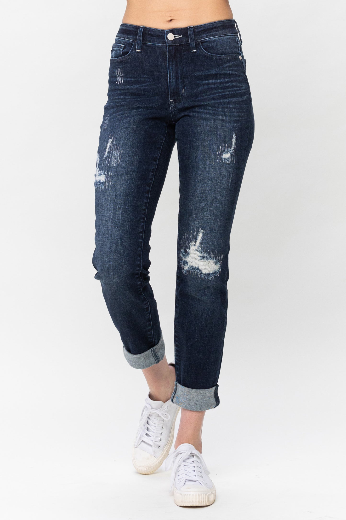 Judy Blue - Mid Rise Distressed Cuffed Boyfriend Jeans