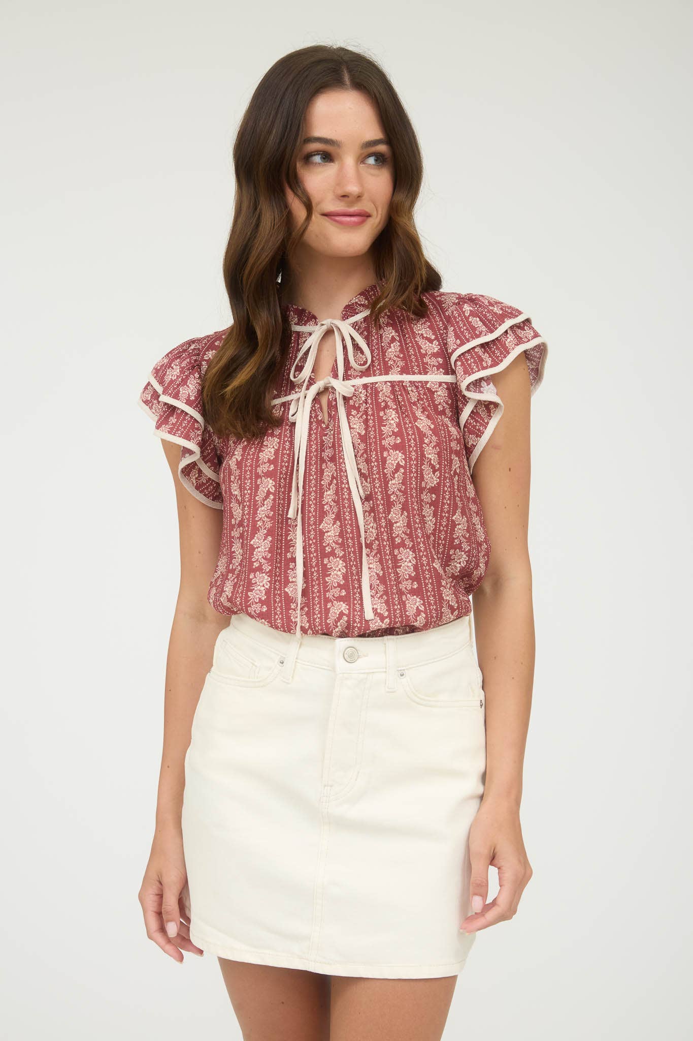 BURGUNDY FLORAL PRINT FRONT TIE RUFFLE TOP
