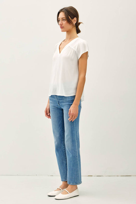 White Flowy Cap Sleeve V-neck Top