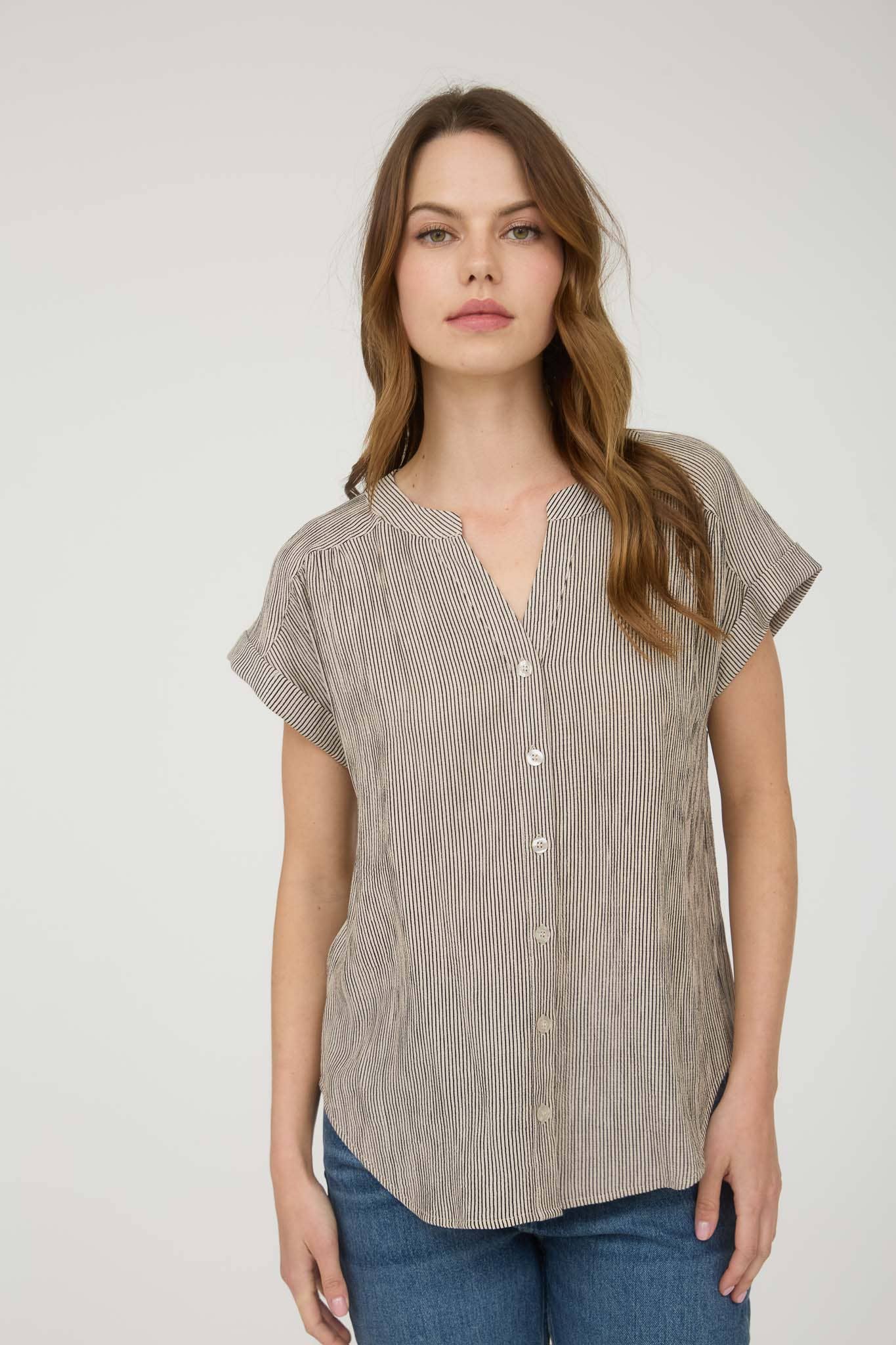 Champagne Striped Cuffed Short Sleeve Button Down Top