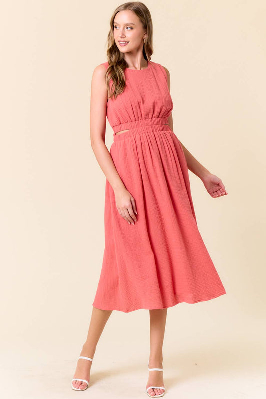 Coral Cut Out Waist Dress with pockets