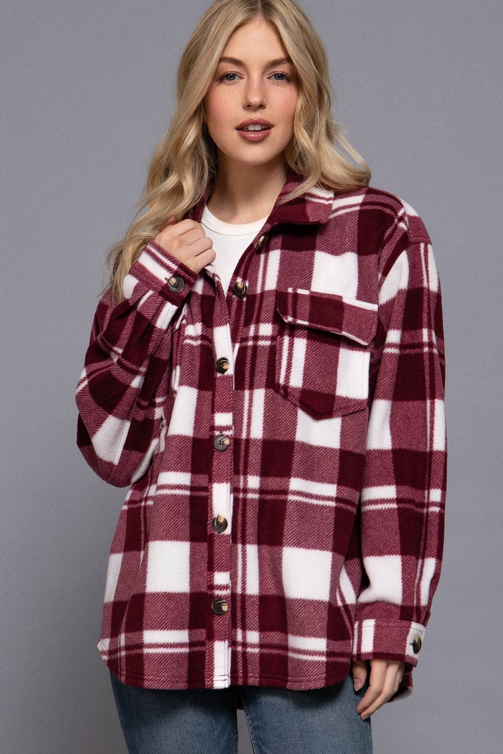 Burgundy Checkered Print Fleece Shacket
