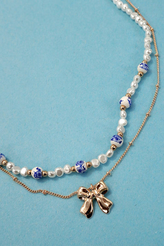 Blue Pearl + Porcelain Layered Bow Necklace