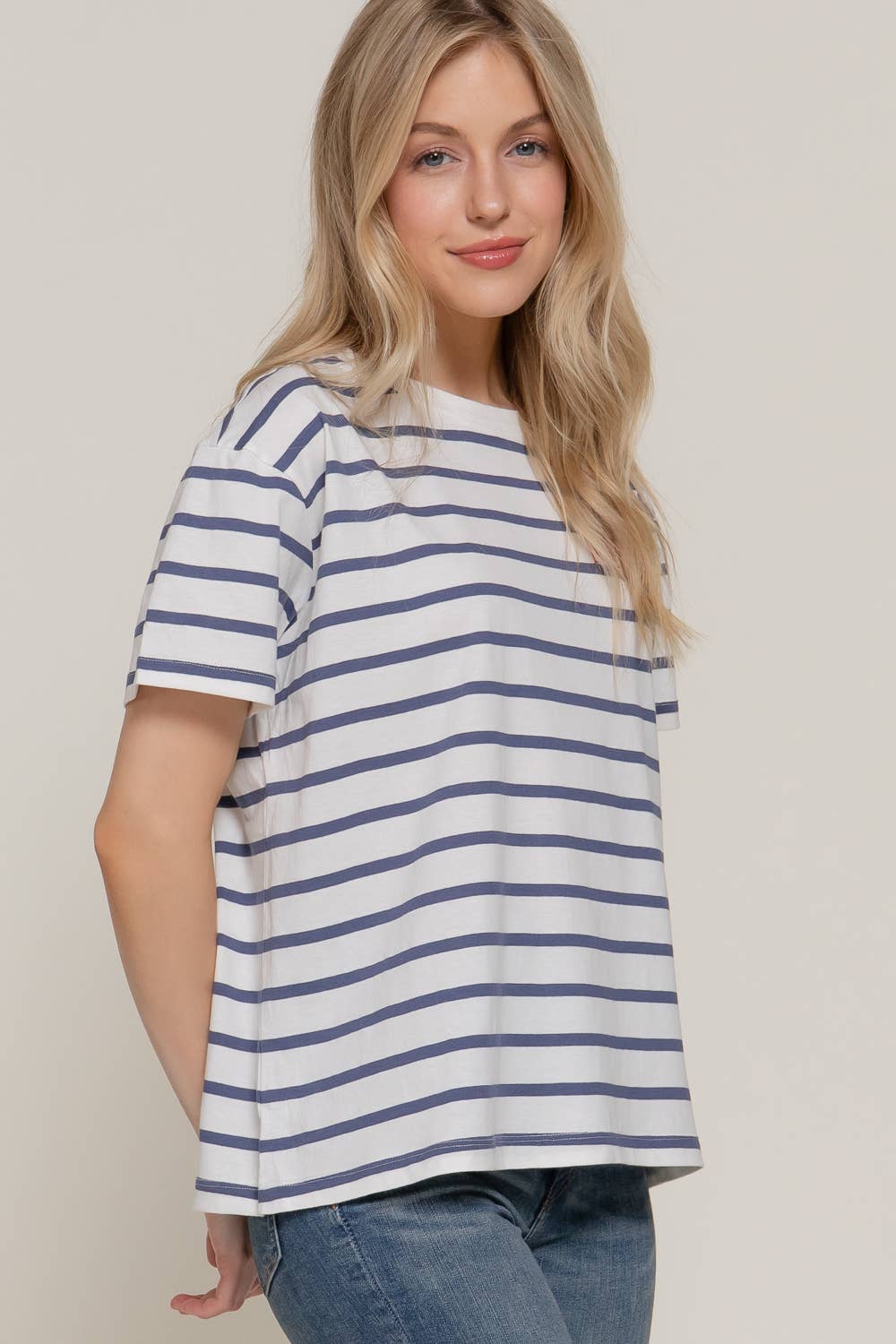 Blue Short Sleeve Striped Oversized Top
