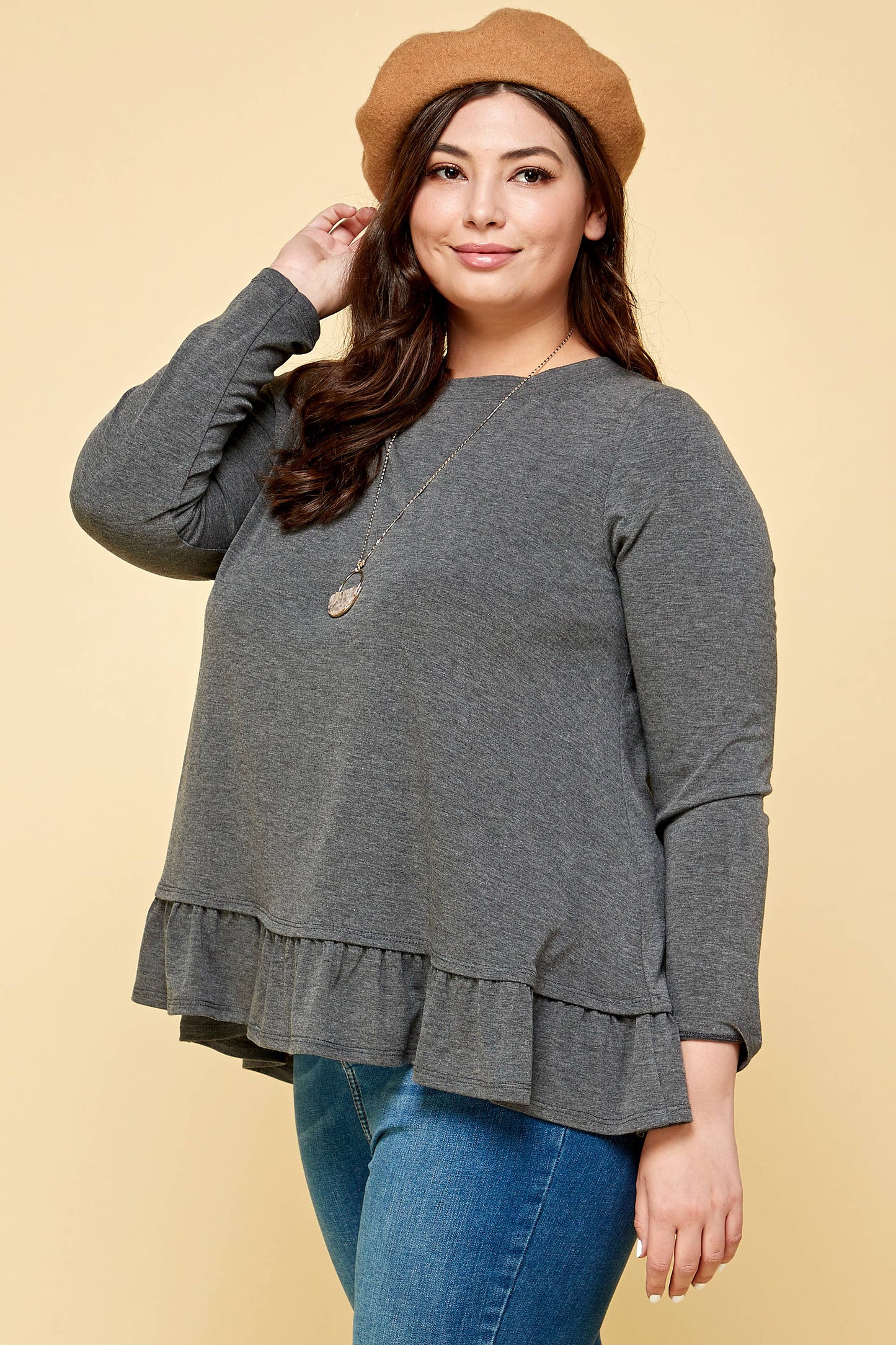 Charcoal Long Sleeve Top with Ruffle Hem Trim
