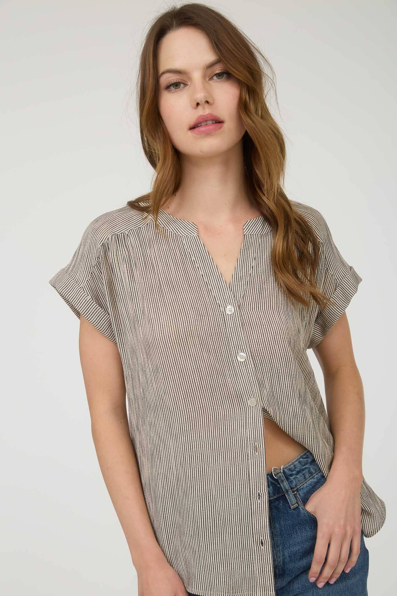 Champagne Striped Cuffed Short Sleeve Button Down Top