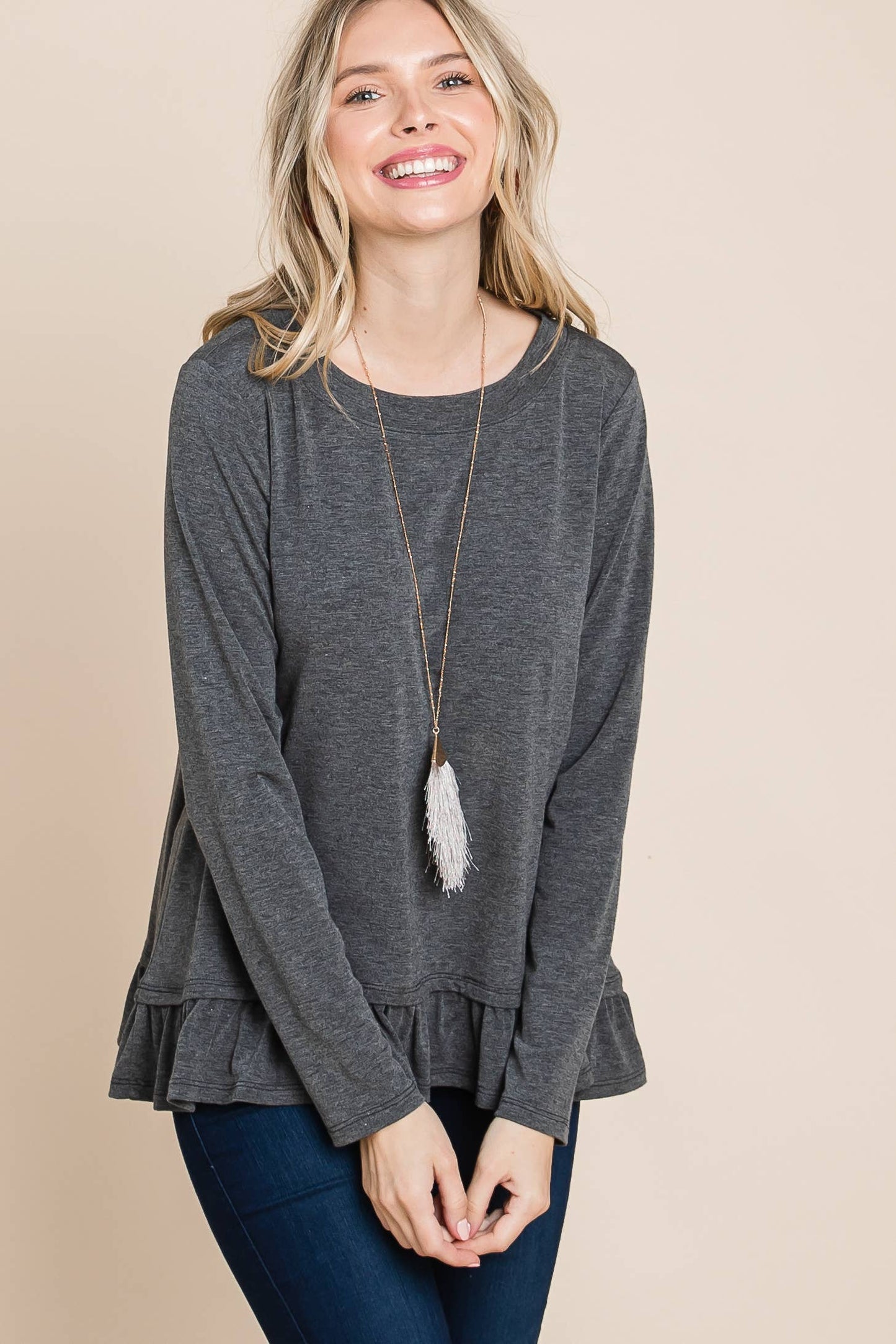 Charcoal Long Sleeve Top with Ruffle Hem Trim