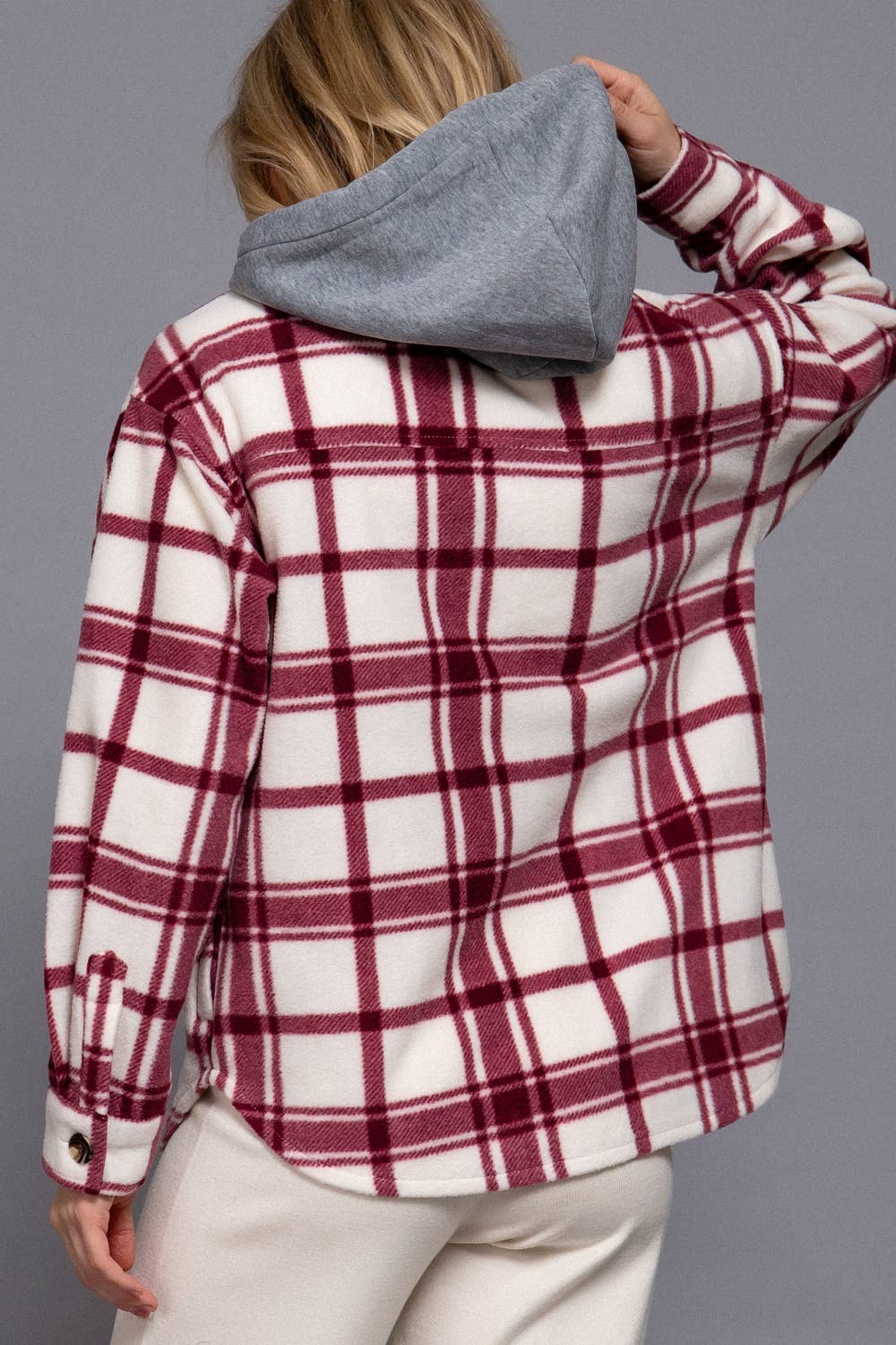 Wine Plaid Button Down with Hoodie Fleece Jacket
