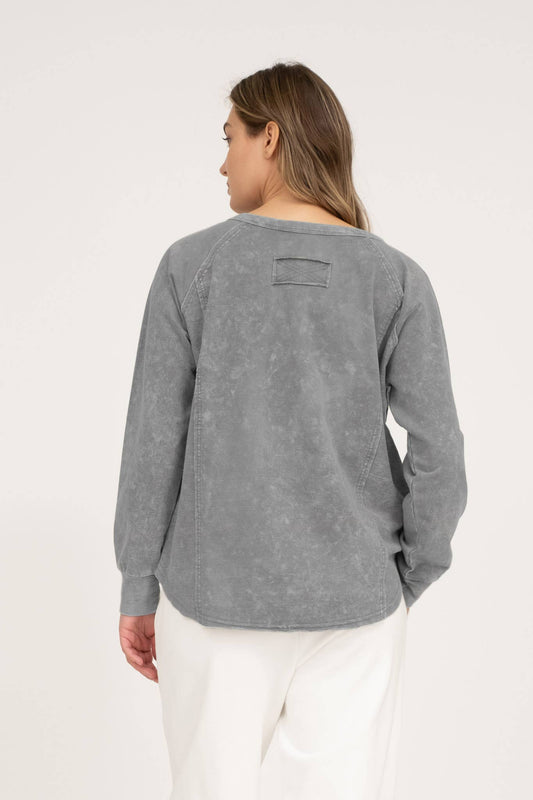 Charcoal Washed Henley Raglan Top