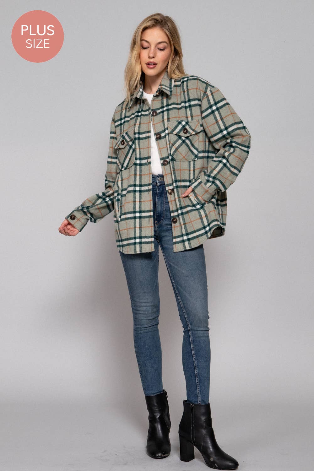 Olive Wool Blend Plaid Button Down Jacket