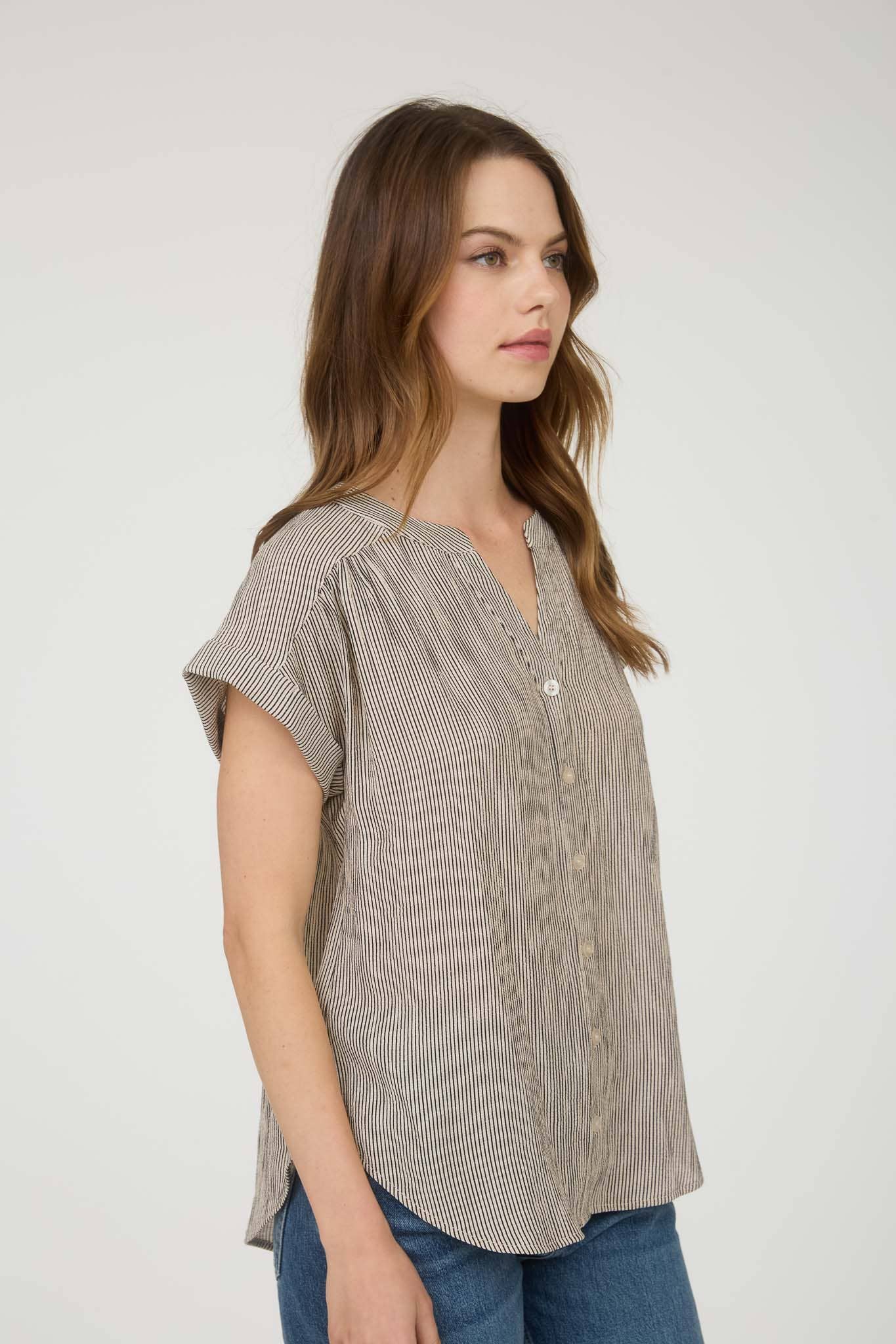 Champagne Striped Cuffed Short Sleeve Button Down Top