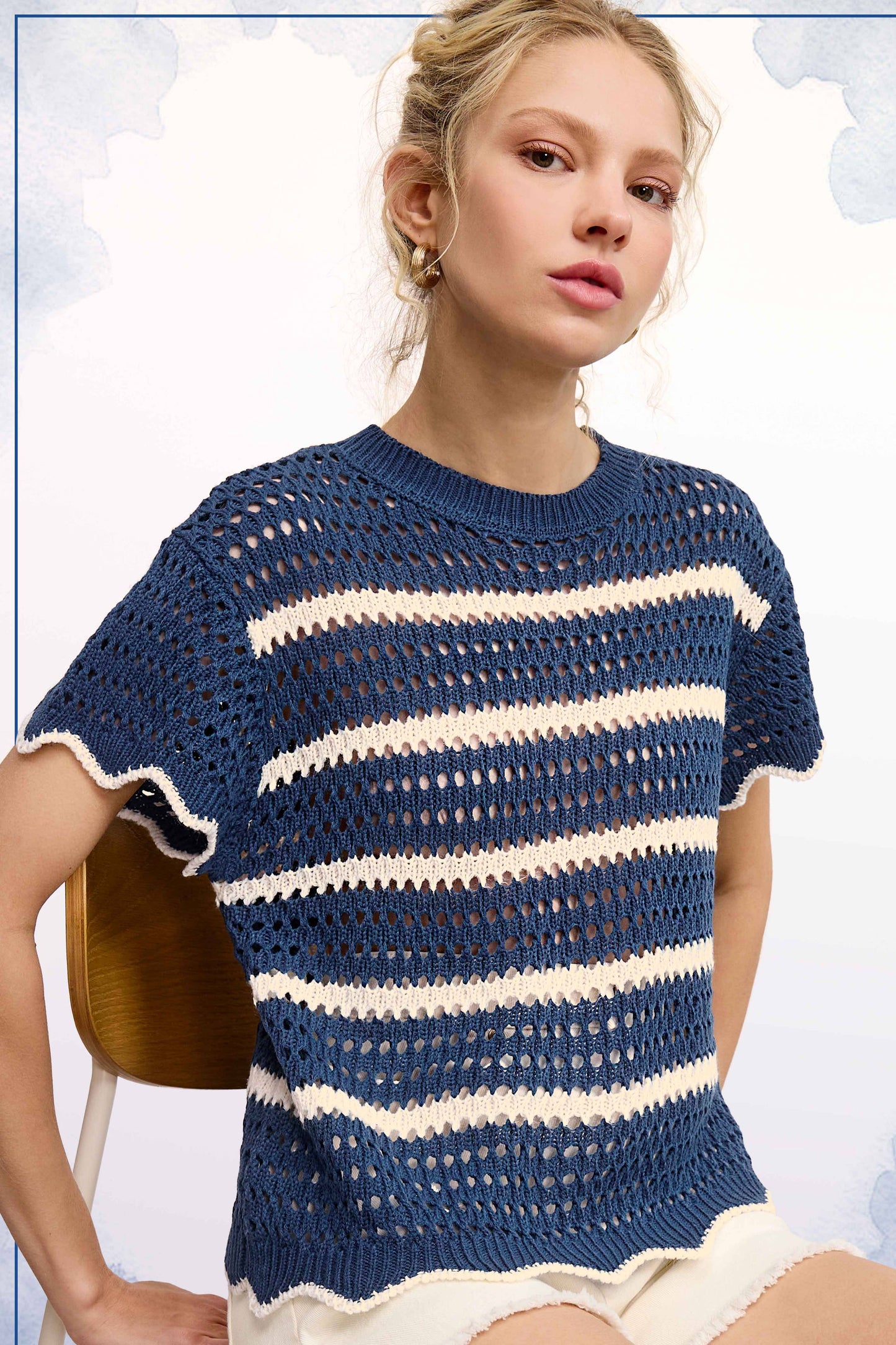 Navy Scalloped Edge Short Sleeve Sweater