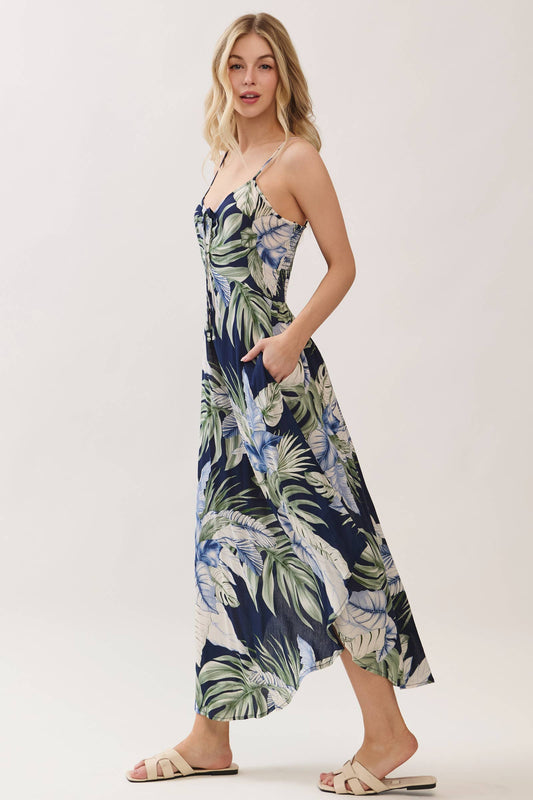 Navy Tropical Chest Ruched Midi Dress