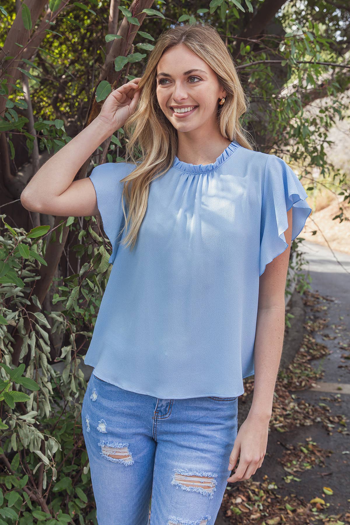 Light Blue Butterfly Sleeve Top