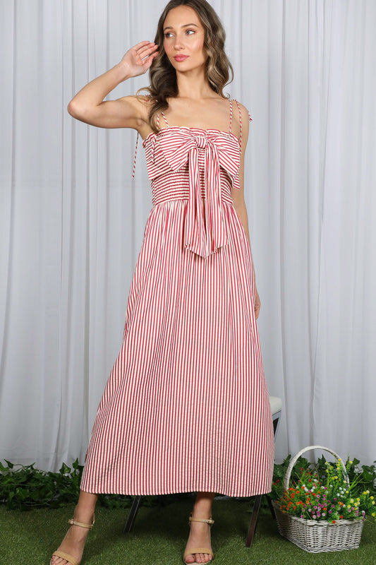 Red Bow Accent Striped Strappy Dress