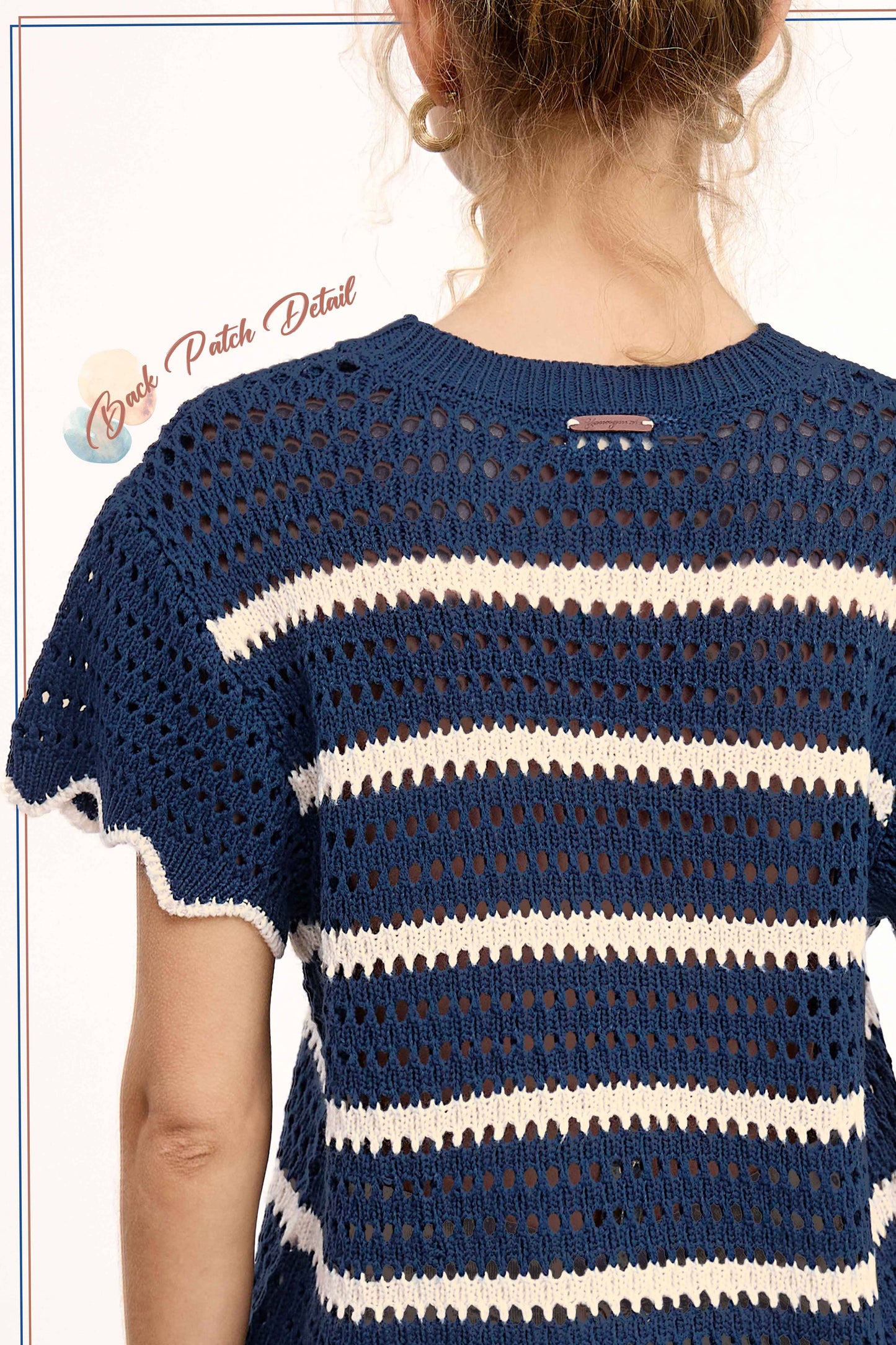 Navy Scalloped Edge Short Sleeve Sweater