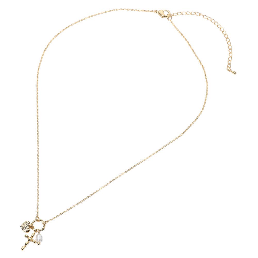 Cross Heart Pearl Pendant Necklace