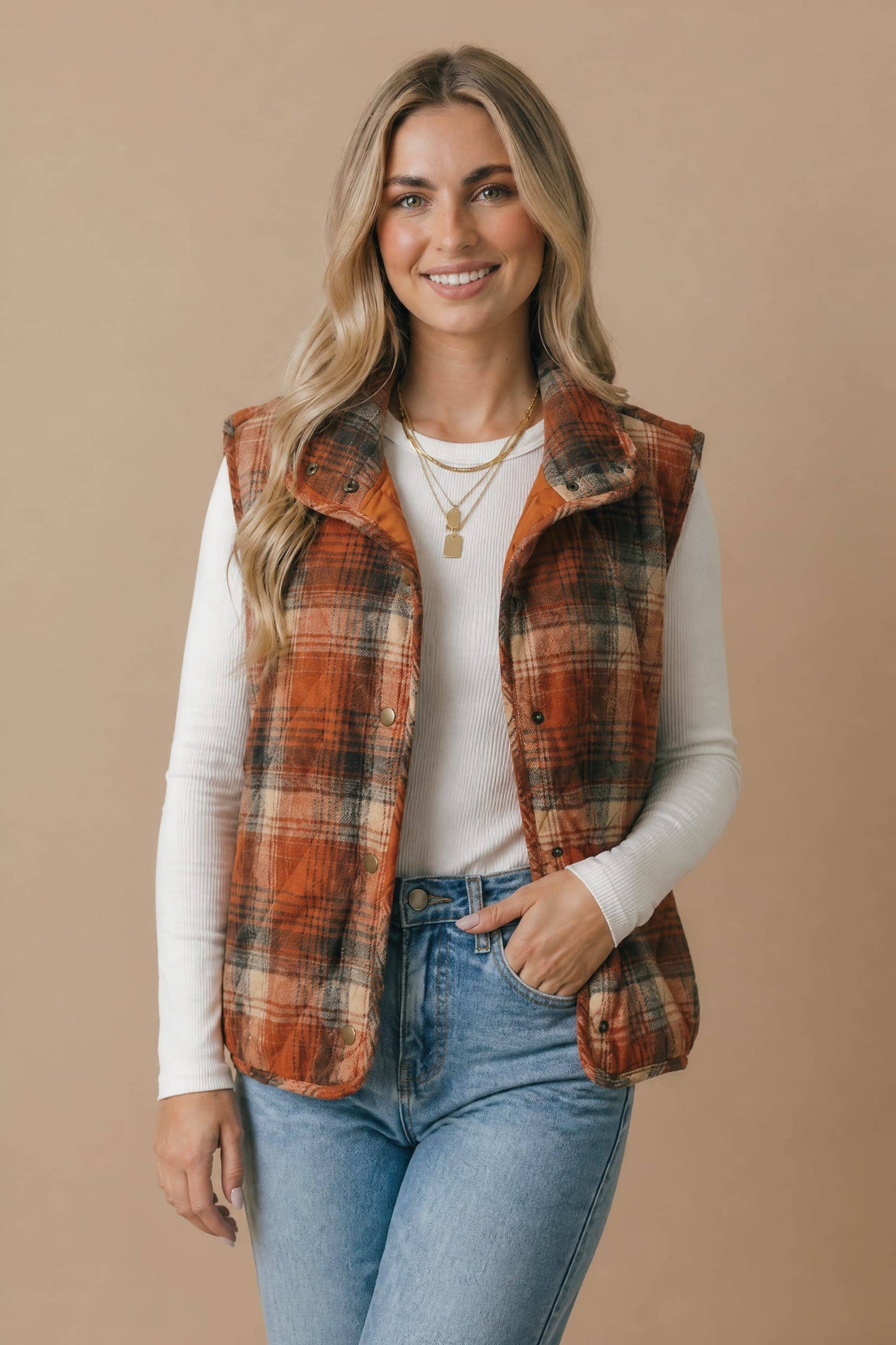 Plaid Quilted Snap Button Puffer Vest