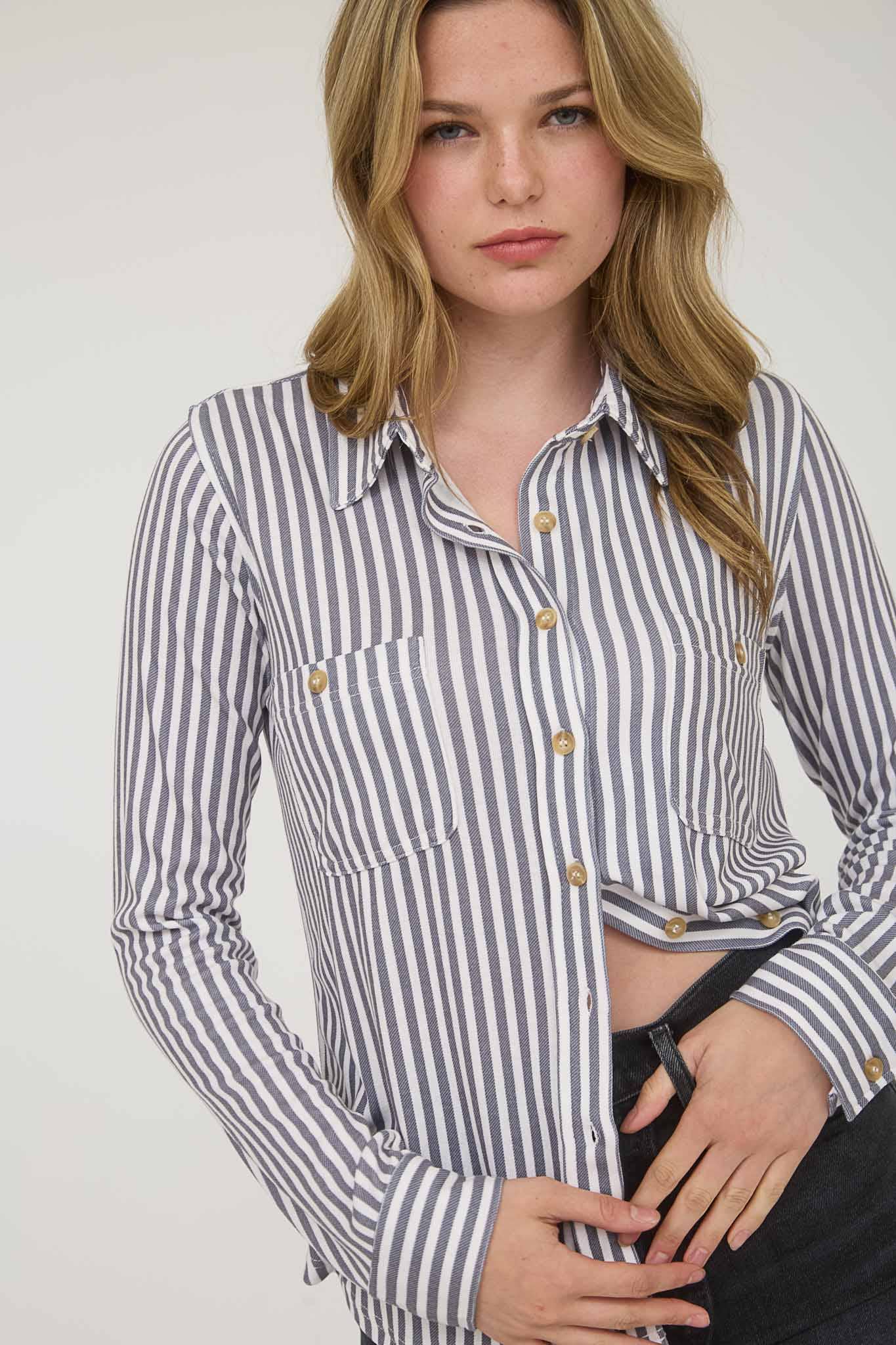 Charcoal Striped Collared Long Sleeve Button Down