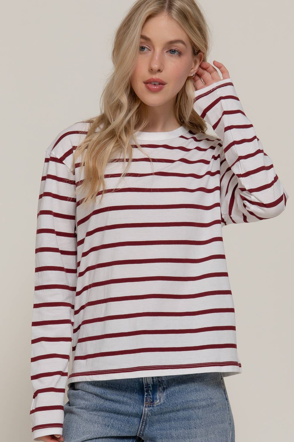 Wine + Ivory Striped Long Sleeve Tee