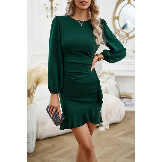 Evergreen Wrap Ruched Puff Sleeve Dress
